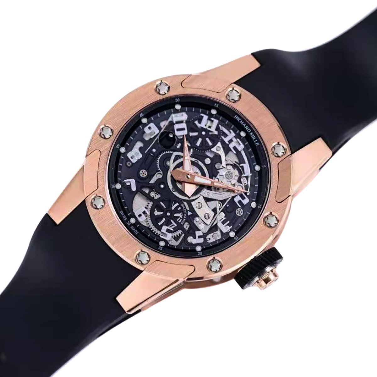 RM063-01 Automatic Winding Dizzy Hands in Red Gold/Titanium on Black Rubber Strap