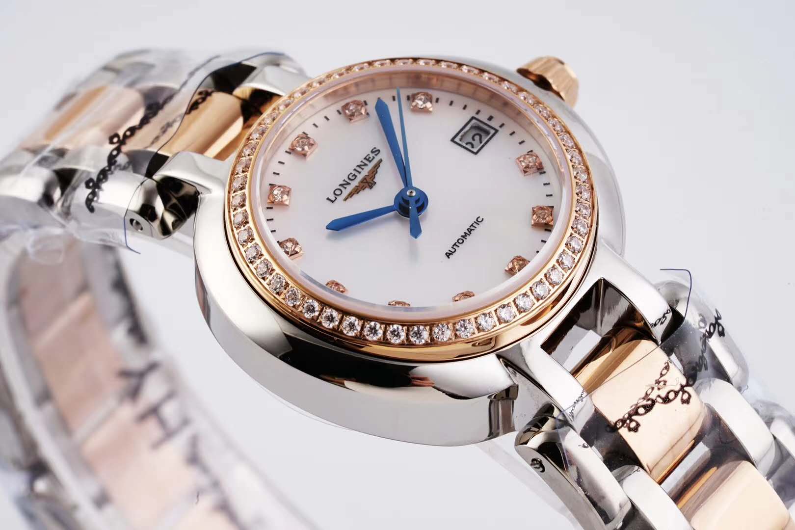 Primaluna MOP White Dial with D1am0nd Markers and D1am0nd Bezel in Rose Gold