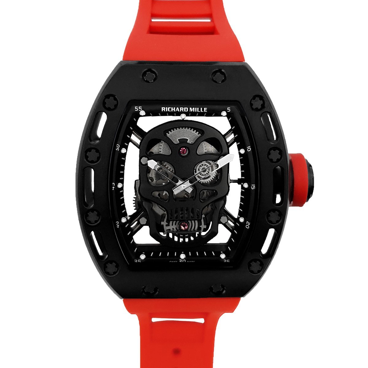 RM 052-01 Tourbillon Black Skull in PVD on Red Rubber Strap