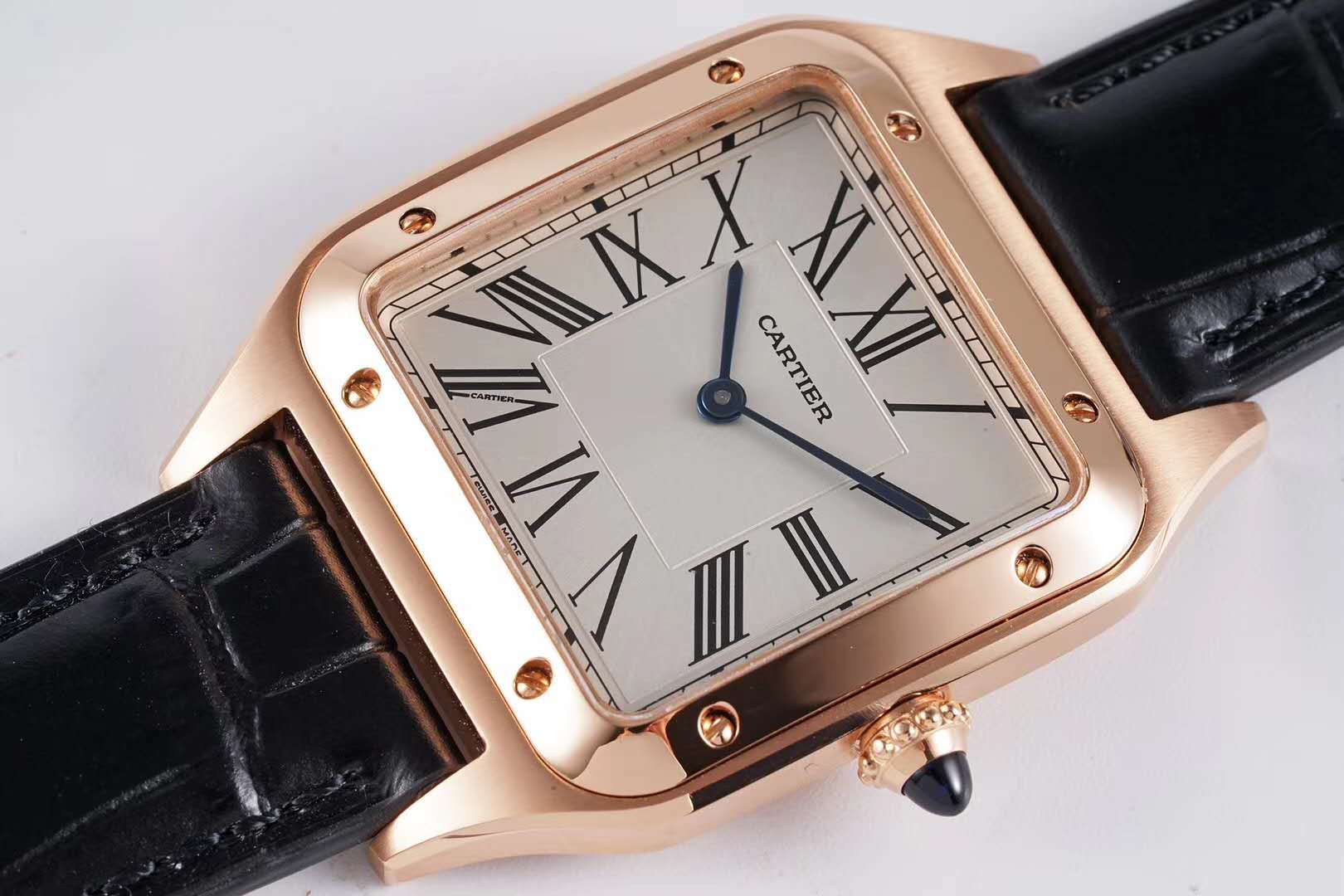 Santos-Dumont White Dial in Rose Gold on Black Leather Strap