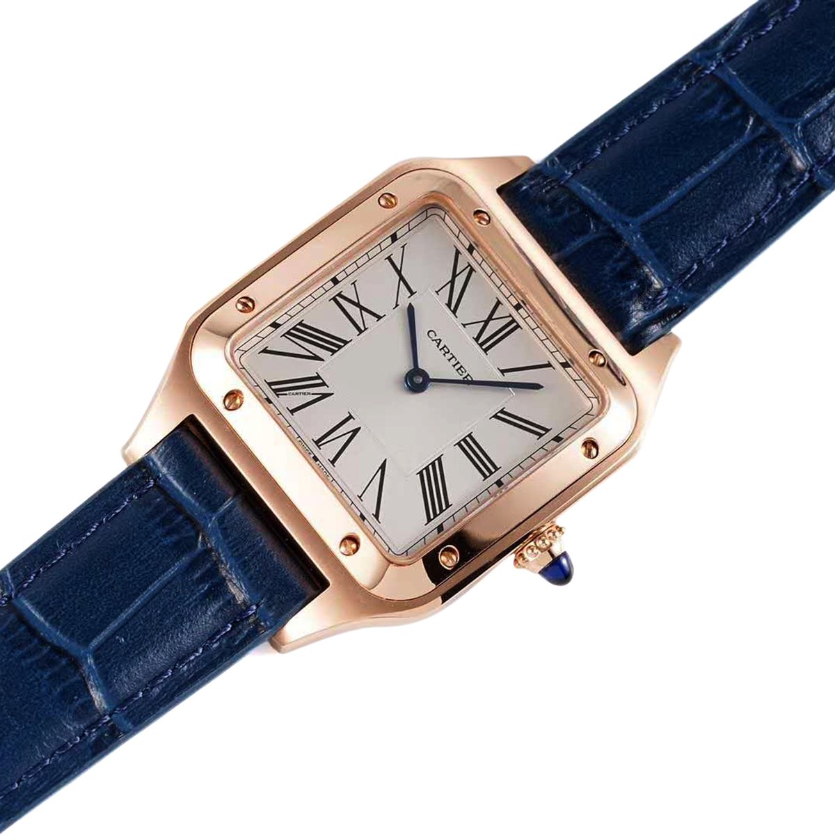 Santos-Dumont White Dial in Rose Gold on Blue Leather Strap