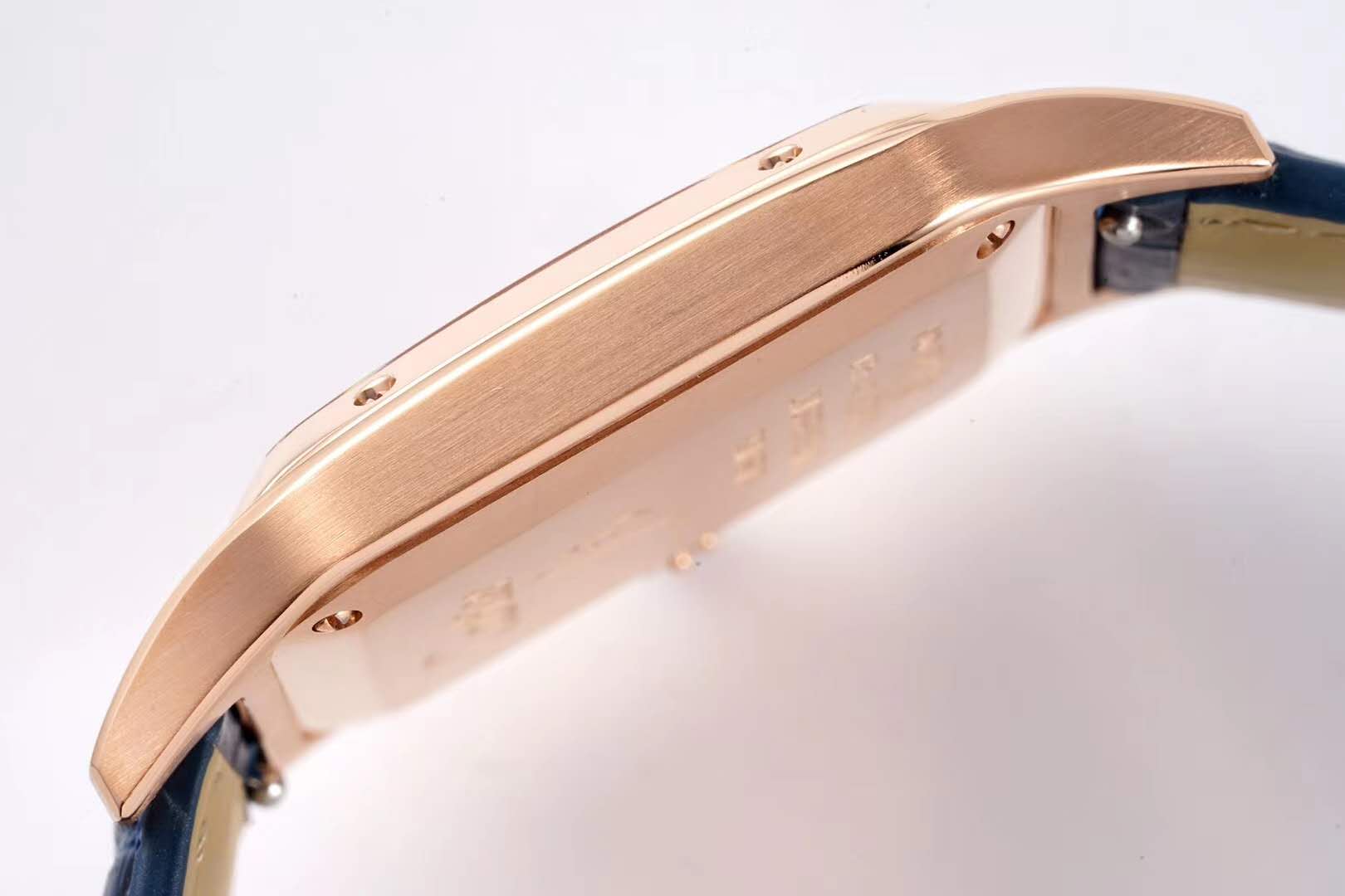 Santos-Dumont White Dial in Rose Gold on Blue Leather Strap