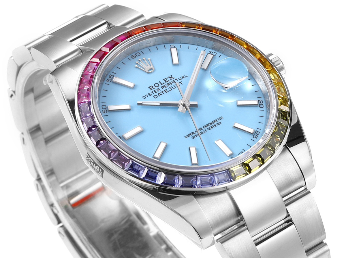 Datejust 41 T*f*ny Blue Dial Stick Markers with Rainbow D1am0nd Bezel in Steel on Oyster Bracelet